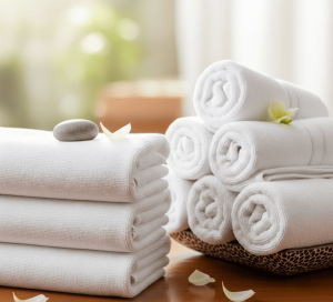 Venta de toallas de algodón al por mayor para hoteles y spa toallas de algodón blancas apiladas para hoteles
