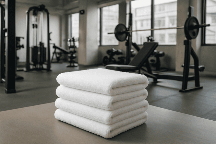 Toallas para gym al mayoreo organizadas en estantes dentro de un gimnasio en Guadalajara